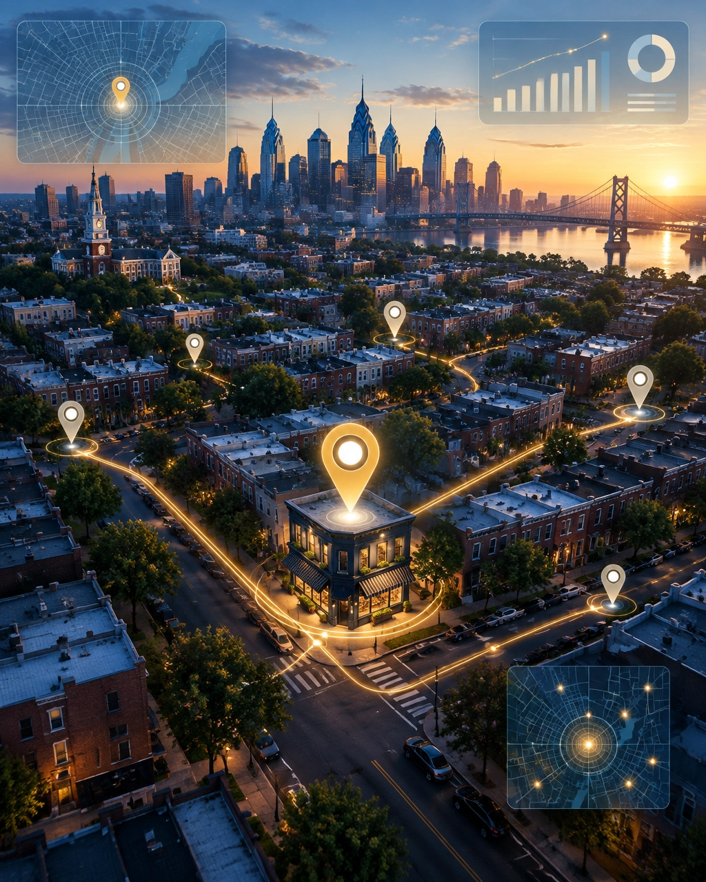 Philadelphia neighborhood map with local search paths, map pins, and digital visibility overlays converging on a small business