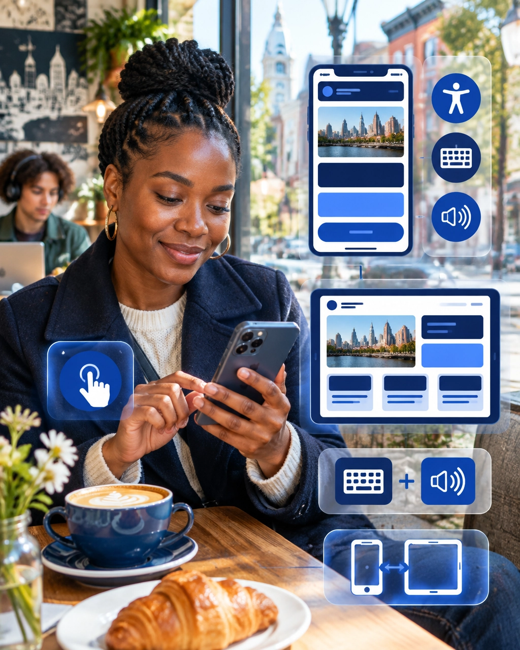 Inclusive customer using a smartphone with responsive layouts, high-contrast controls, and accessibility interface elements