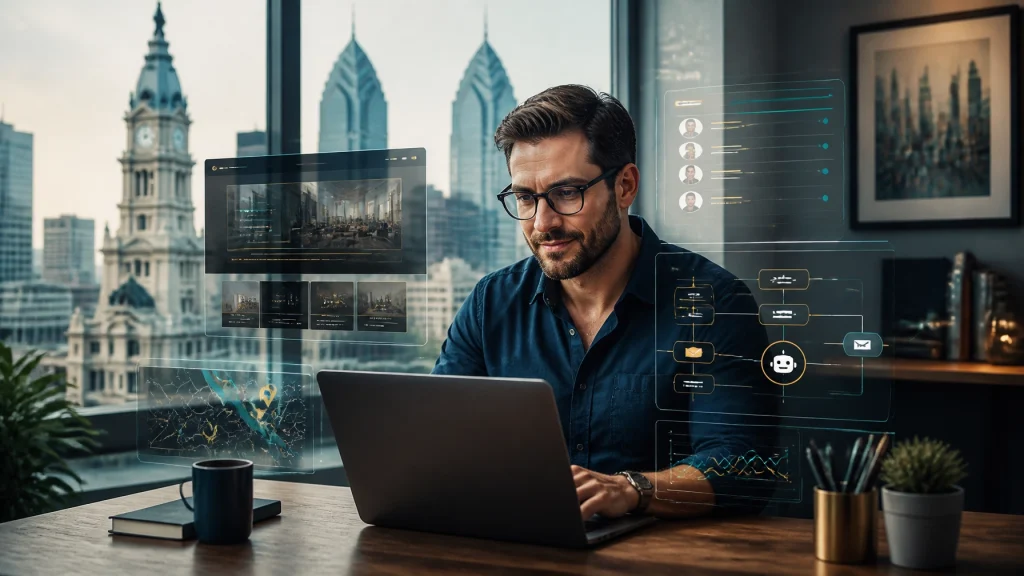 Professional using laptop with AI workflow dashboards