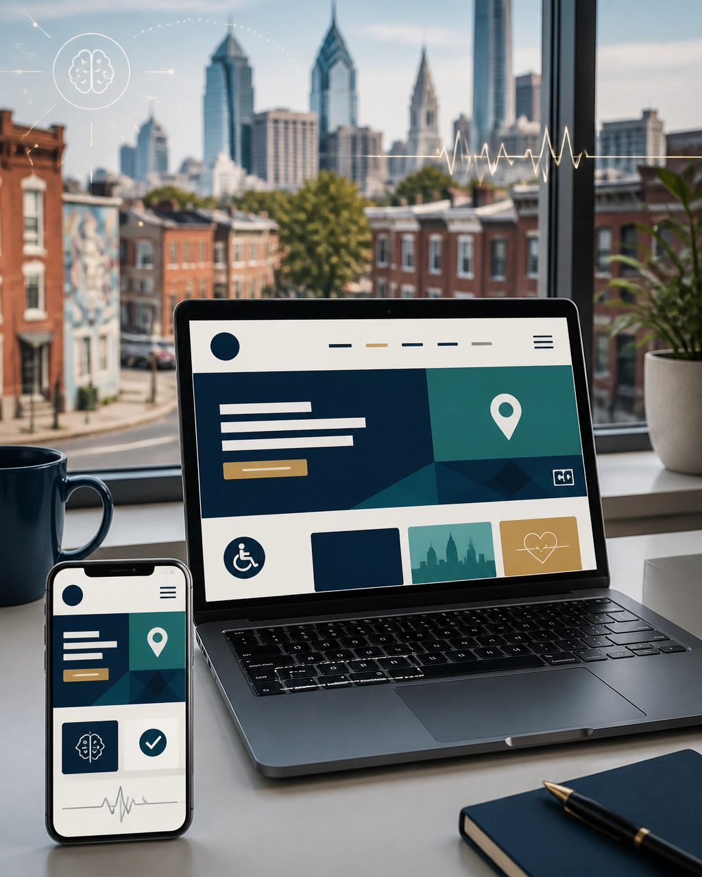 Accessible, fast website interface on mobile and laptop with subtle Philadelphia neighborhood and performance overlays