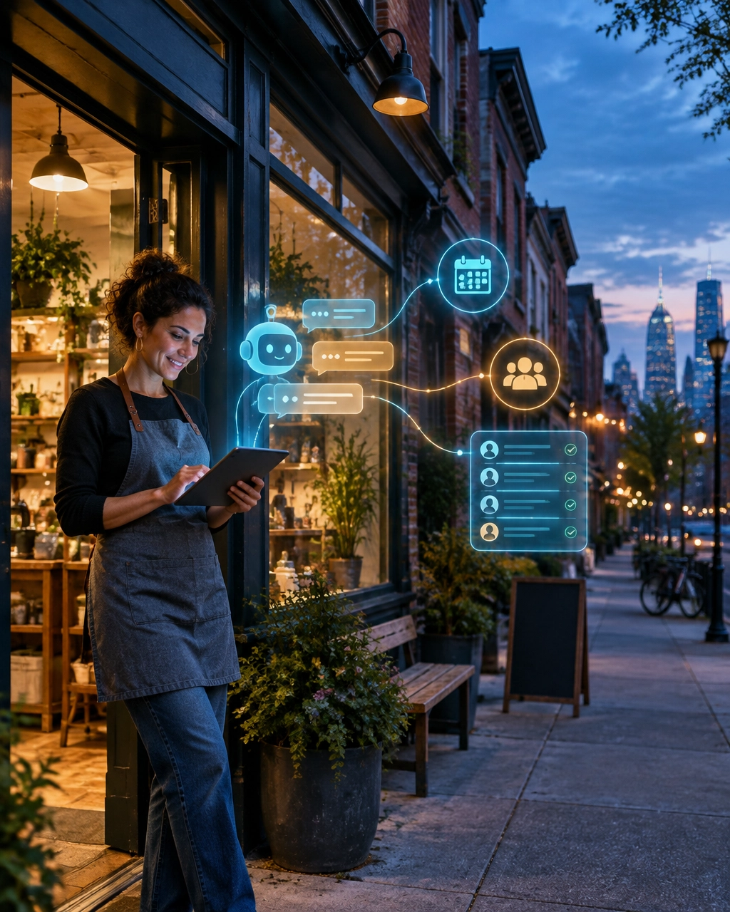 Philadelphia storefront with an AI chatbot, lead intake, and scheduling workflow visualized through elegant augmented-reality overlays