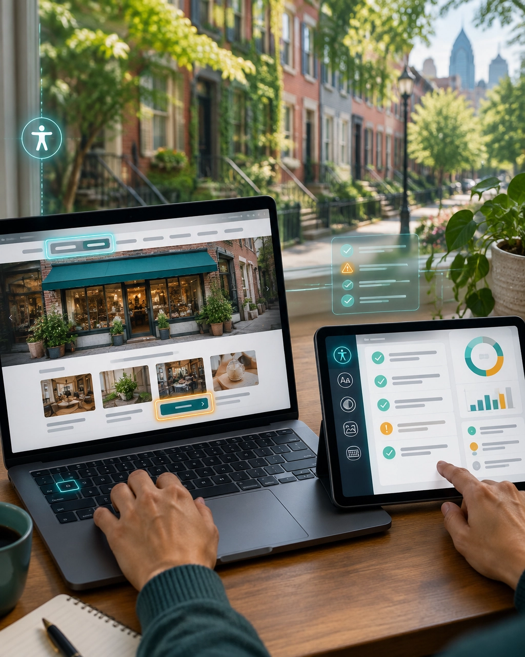 Accessible website interface on laptop and tablet with subtle Philadelphia neighborhood and technology overlays
