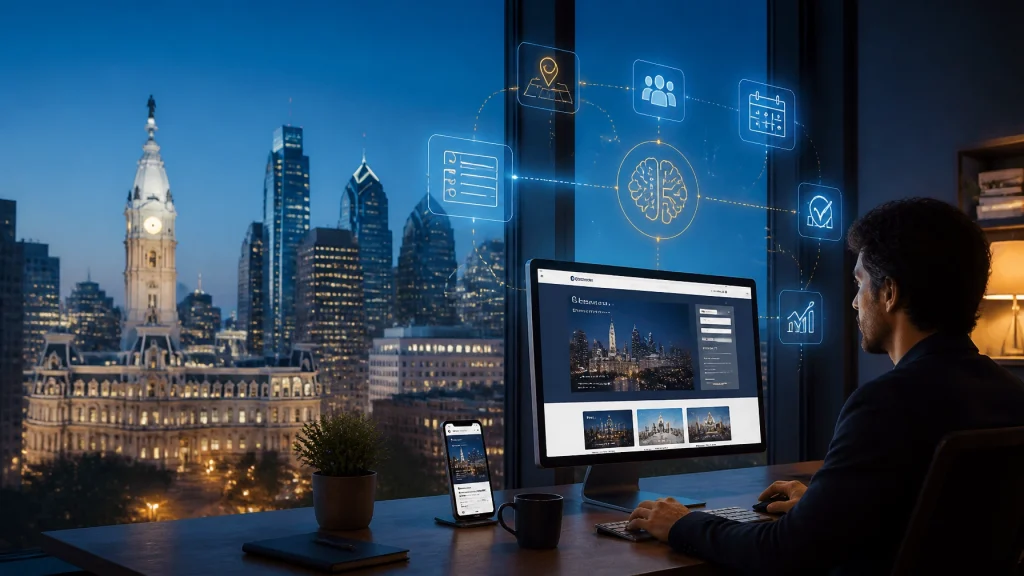 Professional viewing digital city platform overlooking Philadelphia skyline