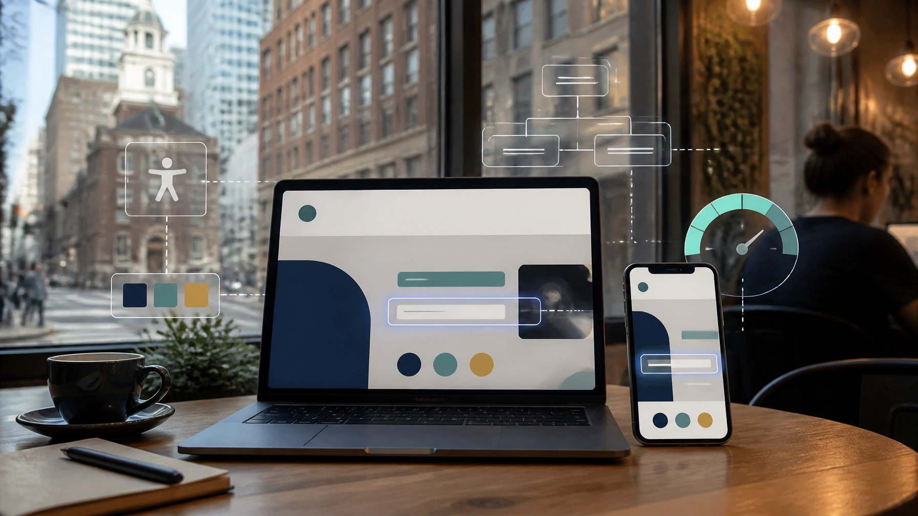 Accessible responsive website interface on laptop and smartphone with performance and usability overlays