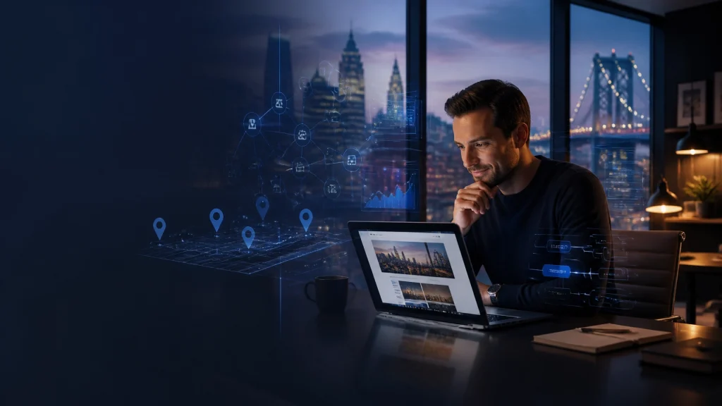 Man analyzing digital maps on laptop overlooking city bridge