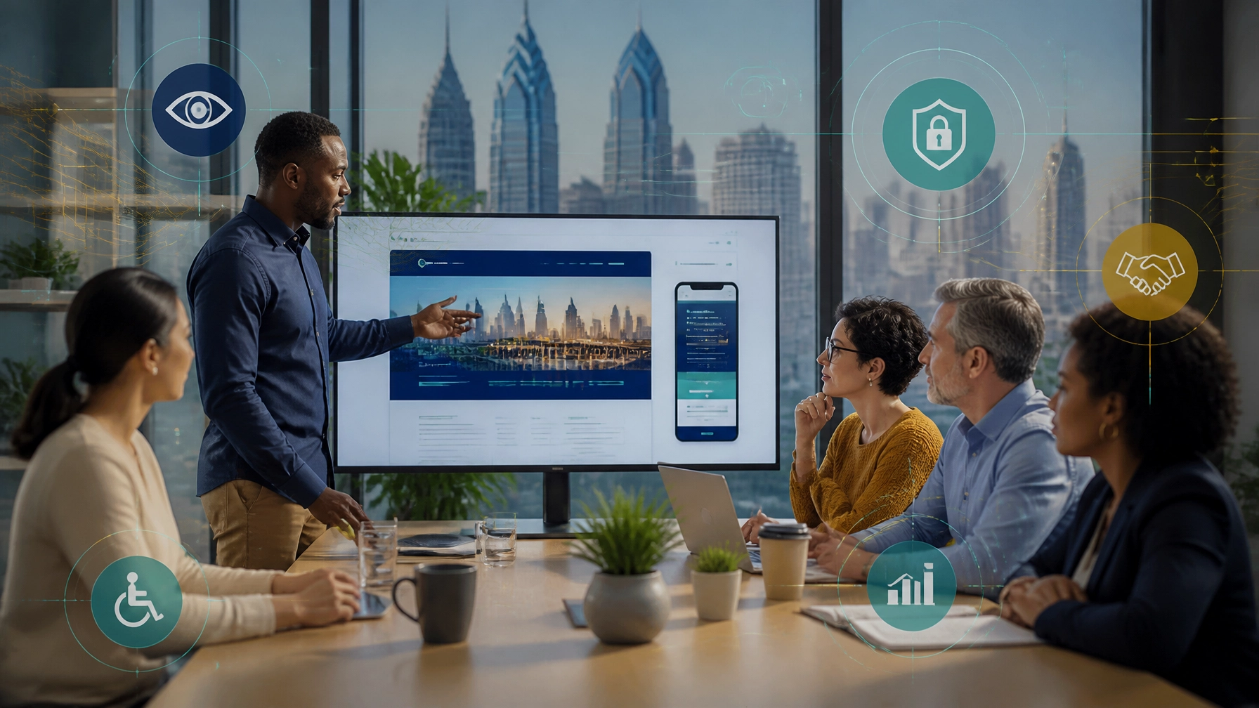 Philadelphia small-business team reviewing a trustworthy AI integration with accessibility, privacy, analytics, and human handoff controls
