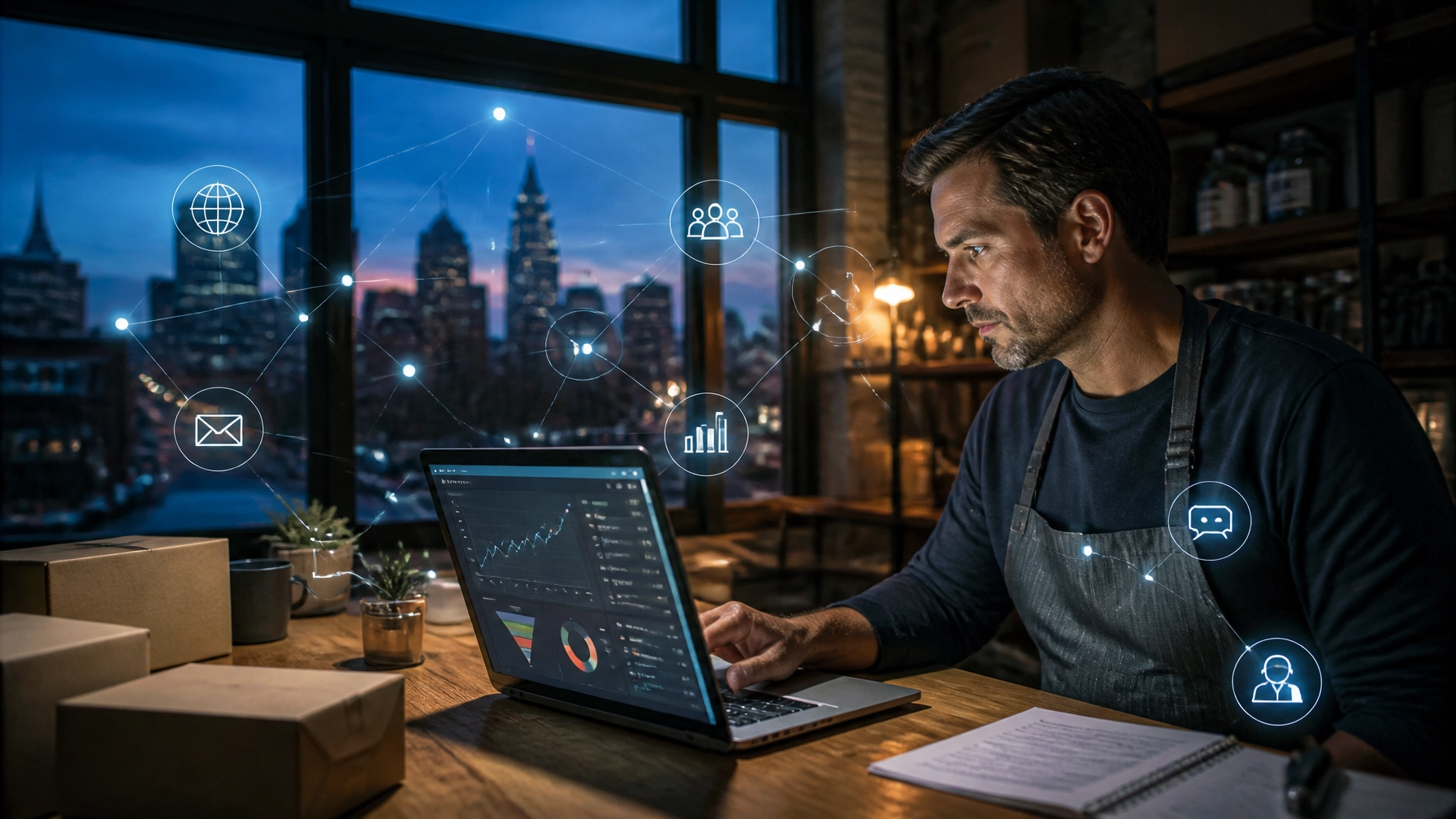 Philadelphia small-business owner reviewing connected website, CRM, analytics, and follow-up systems with a subtle AI network overlay