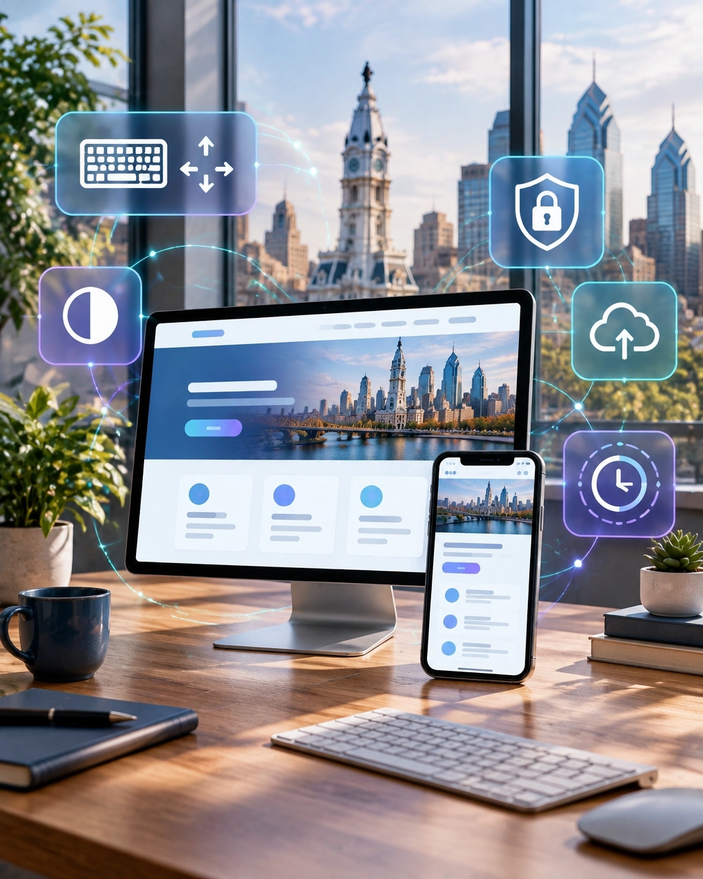 Accessible website interface with subtle security, backup, and maintenance overlays in a Philadelphia office
