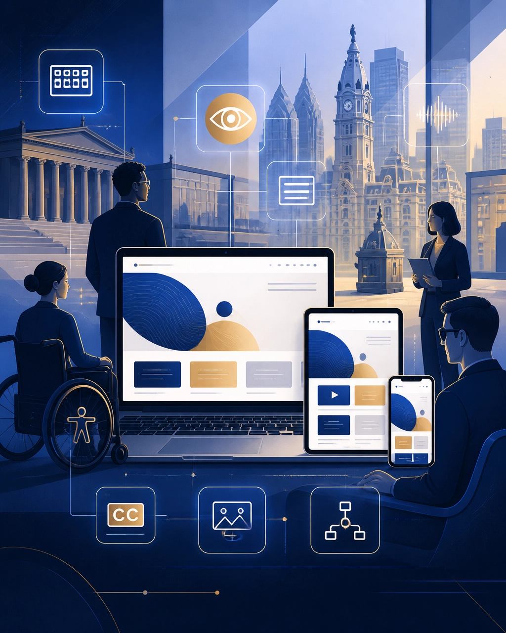Accessible responsive website interfaces with AI-assisted usability checks and inclusive design cues in a Philadelphia business setting