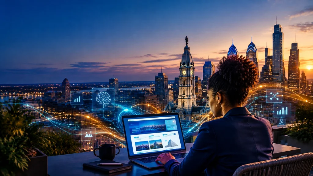 Woman working on laptop overlooking Philadelphia skyline at sunset