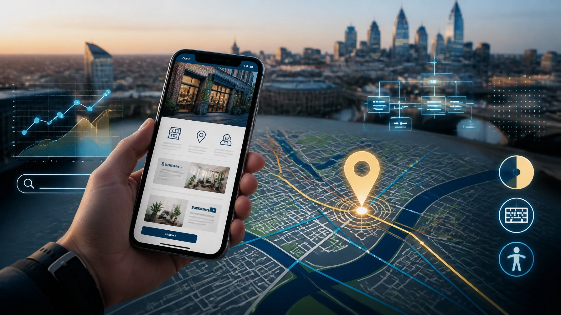 Mobile website interface with Philadelphia map, local search signals, accessibility icons, and AI analytics overlays