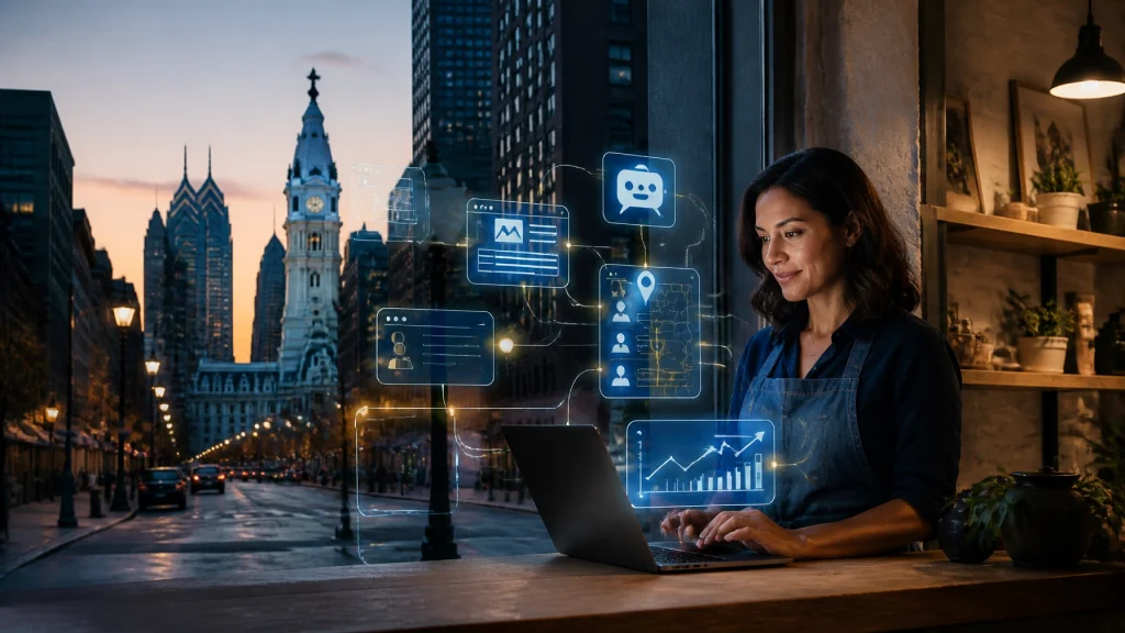 Entrepreneur using laptop with digital business tools in Philadelphia