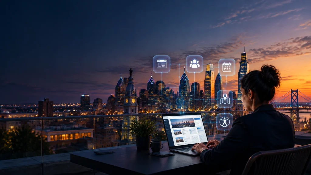 Woman uses laptop overlooking Philadelphia skyline with digital icons
