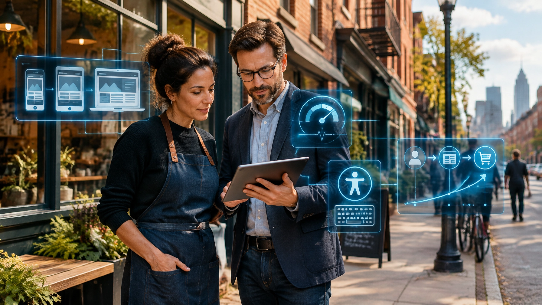 Philadelphia storefront and web professional reviewing a responsive website with subtle AI and mobile performance overlays