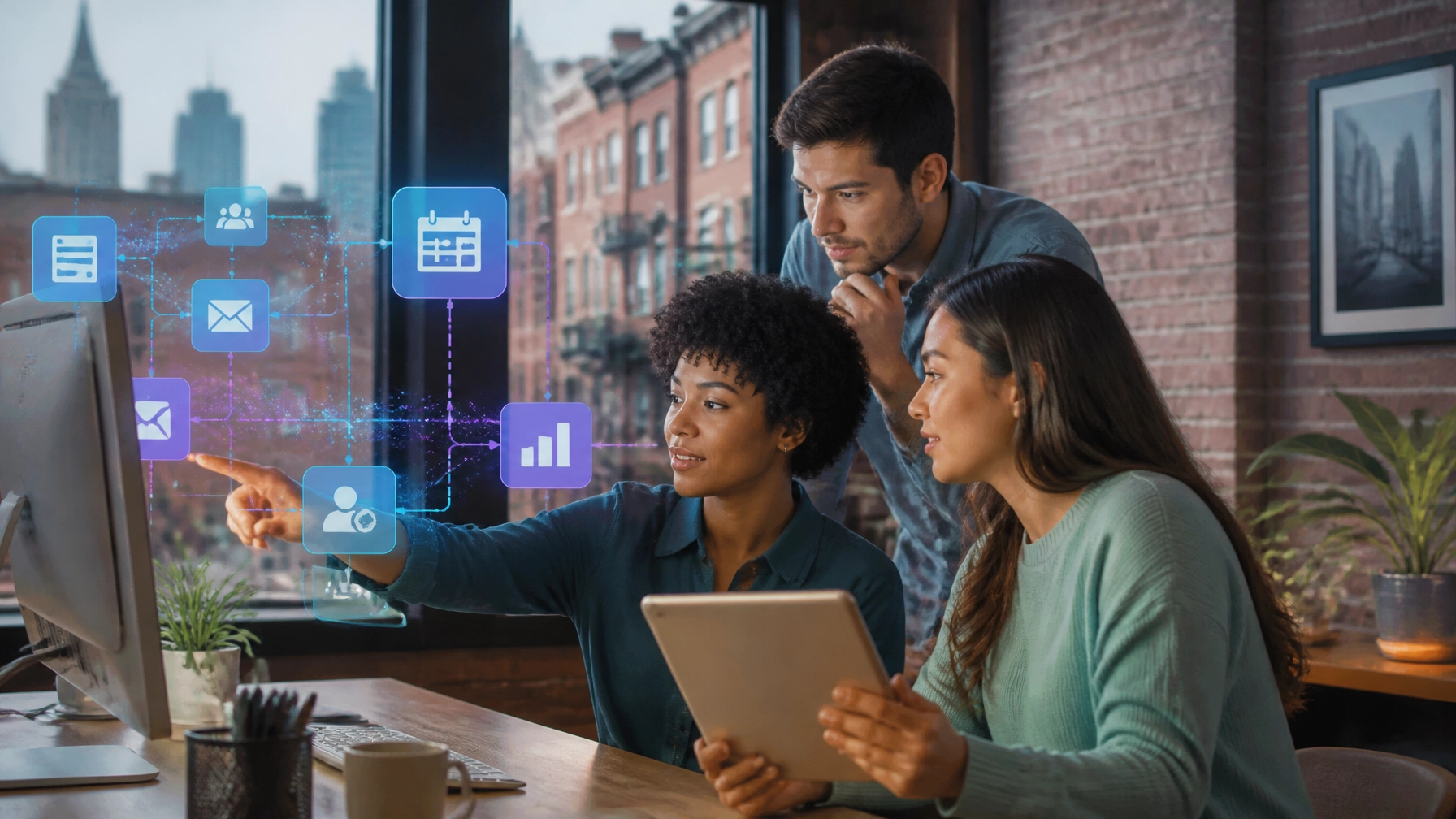 Philadelphia small-business team using connected website, CRM, booking, and analytics workflows with subtle AI visualization