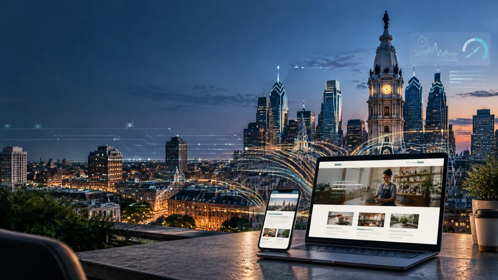 Laptop and smartphone display website above Philadelphia skyline at dusk.