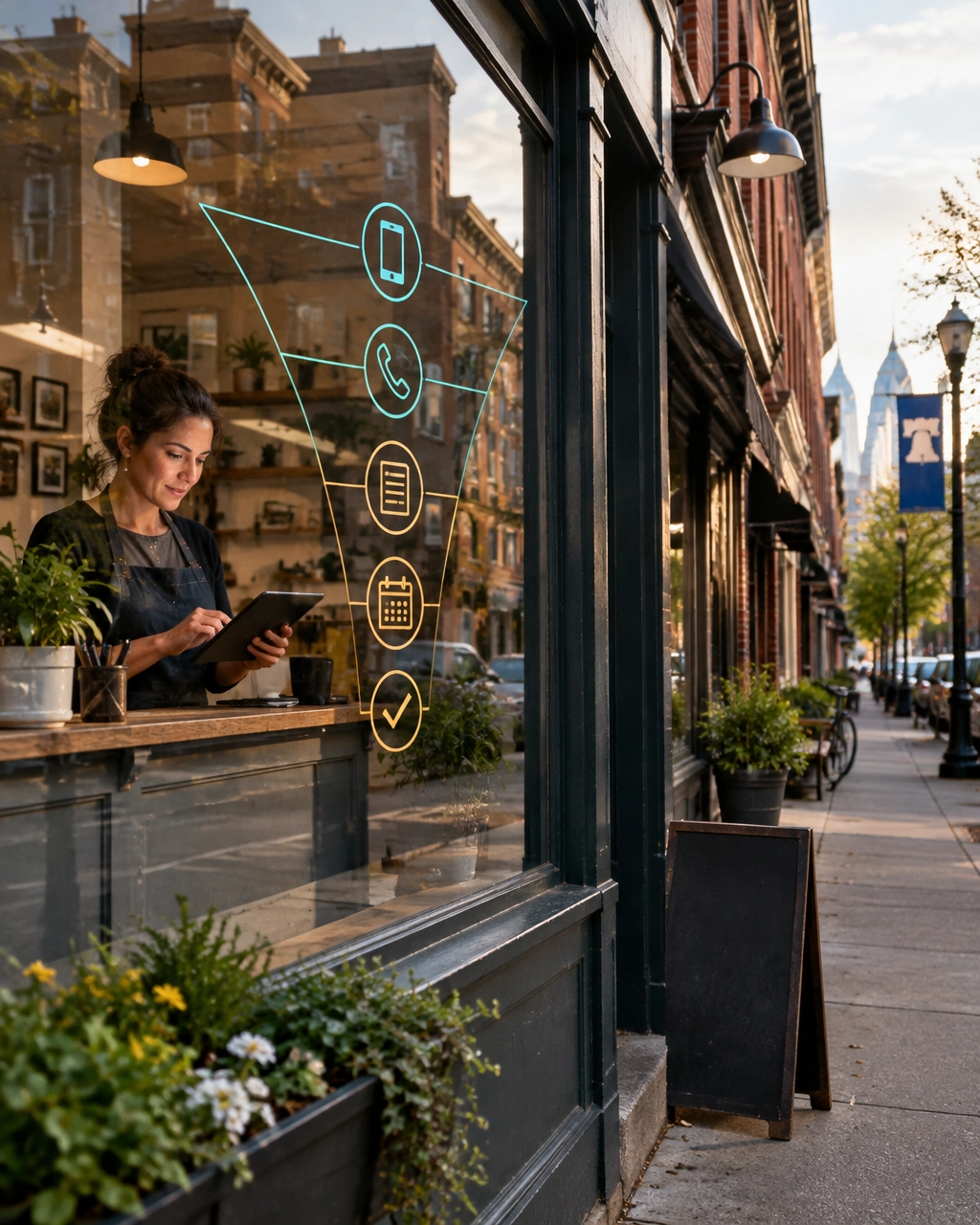 Philadelphia neighborhood business owner reviewing a customer journey with a subtle digital conversion-path overlay