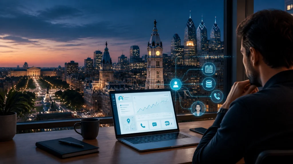 Man reviewing analytics overlooking Philadelphia skyline at dusk