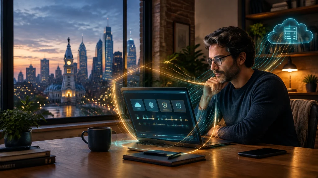 Man using laptop with cloud security graphics at dusk