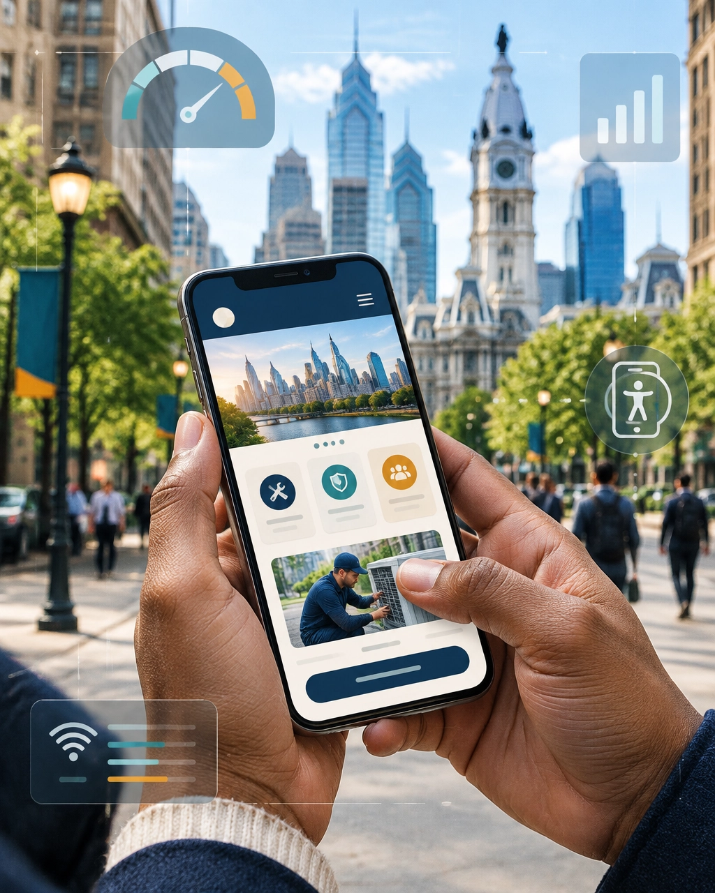Mobile website experience on a Philadelphia street with accessible controls and subtle performance overlays