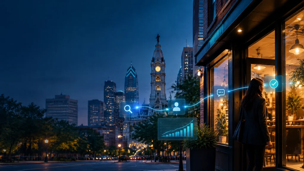 Woman outside Philadelphia storefront with digital marketing icons