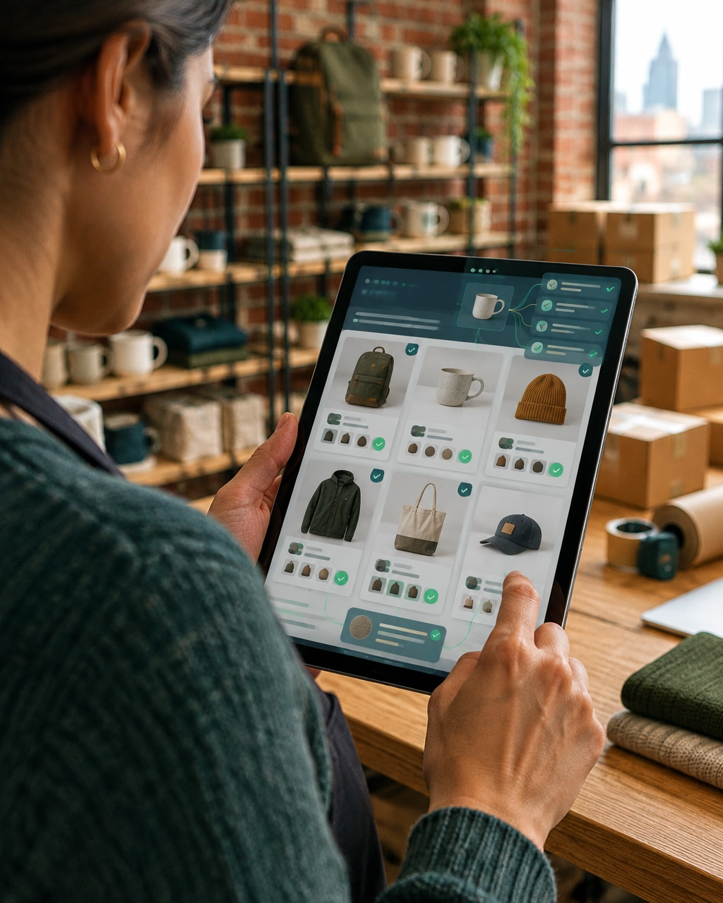 Philadelphia ecommerce merchandiser reviewing product attributes and catalog information on a tablet