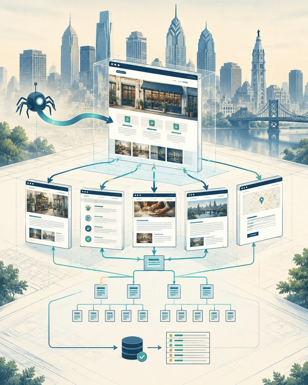 Technical blueprint of a Philadelphia small-business website with clear crawl paths and page connections