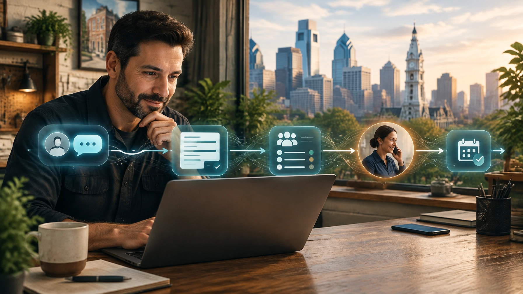AI-assisted website inquiry flowing through smart intake, CRM routing, and human follow-up