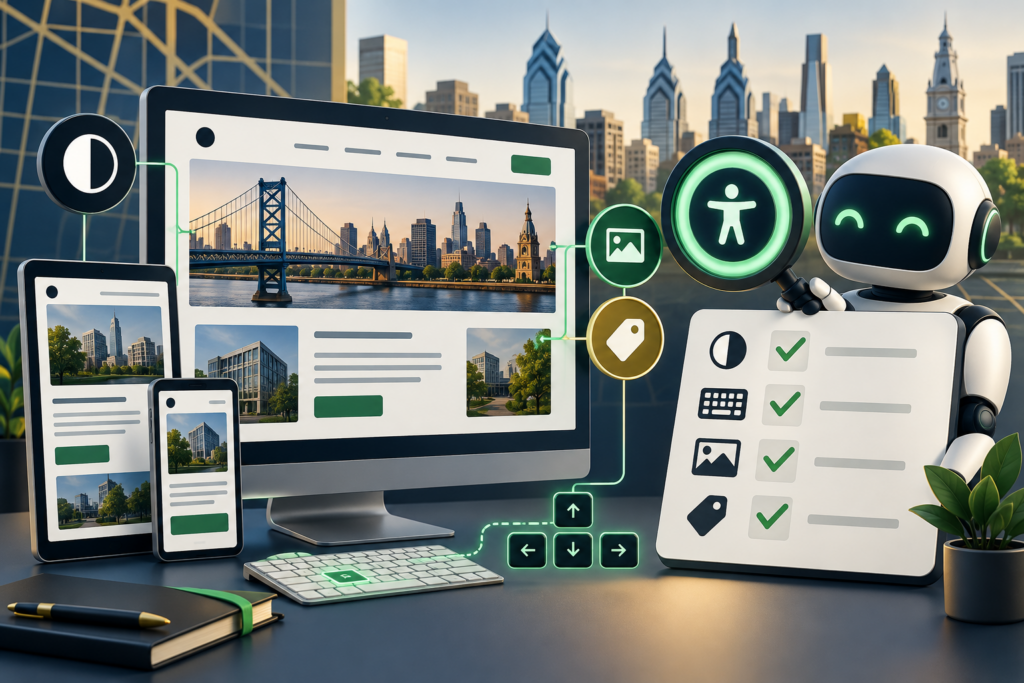 AI accessibility review beside a responsive Philadelphia website displayed on desktop, tablet, and mobile devices