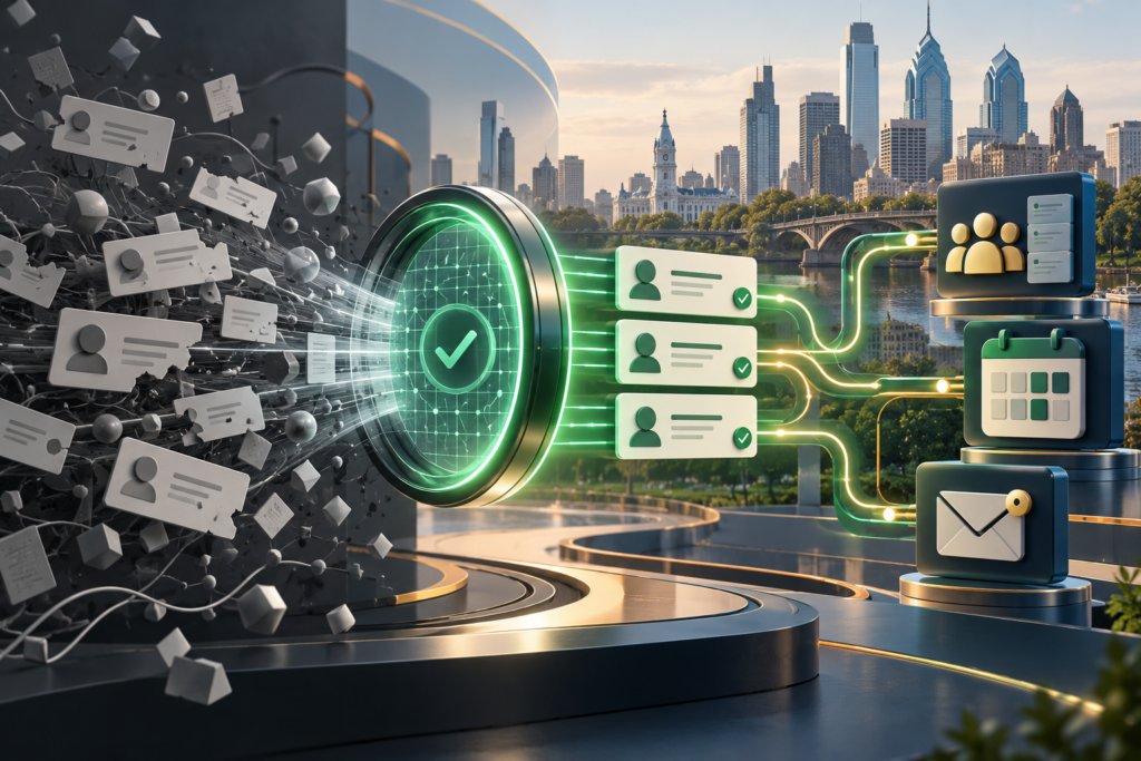 Messy lead data becoming validated records routed to connected business systems in Philadelphia