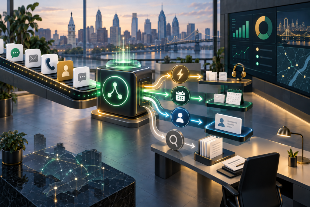 AI lead routing hub directing customer inquiries to priority paths, calendar actions, CRM records, and human review