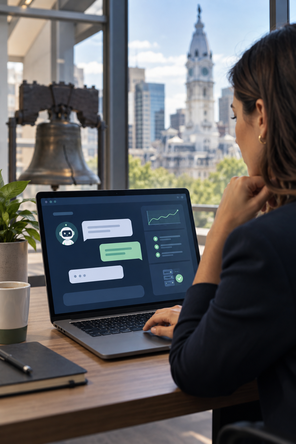 Professional reviewing an AI-assisted service conversation beside Philadelphia landmarks