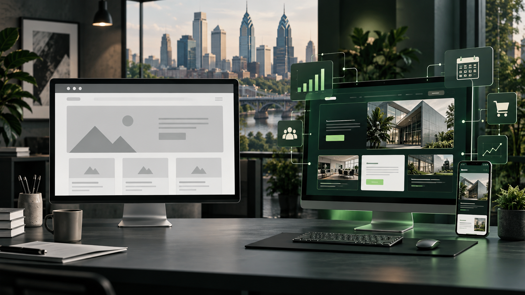 Custom web design strategy workspace contrasting a generic website template with a connected digital experience in Philadelphia