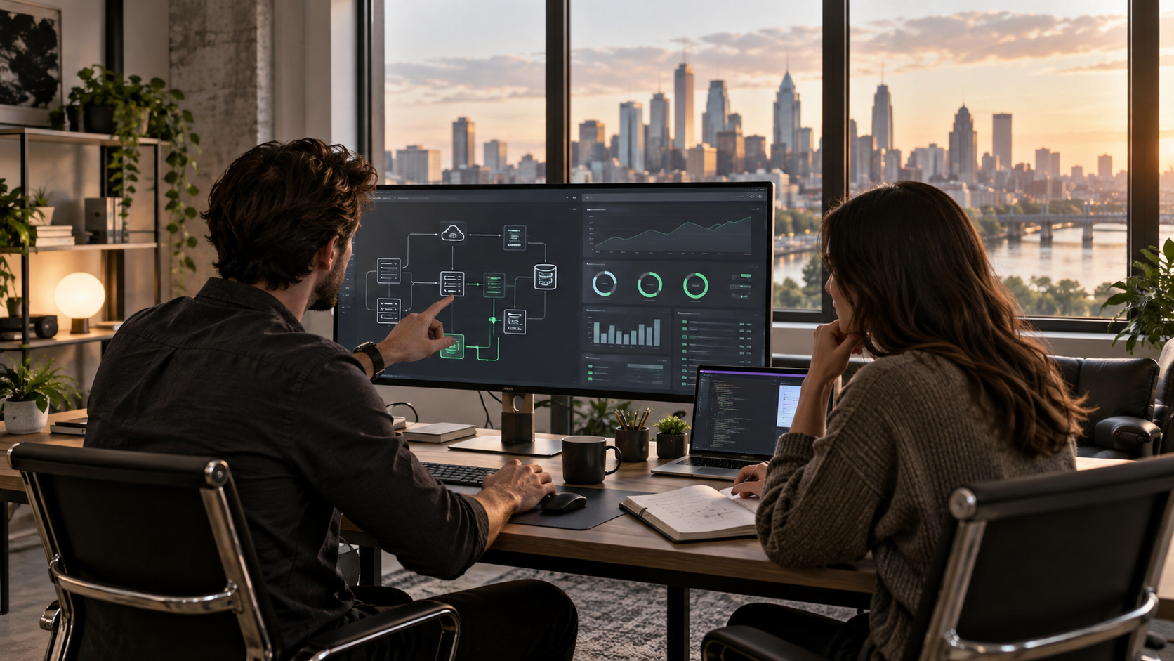 Two digital strategists reviewing custom web infrastructure, workflow connections, and performance analytics in a Philadelphia office