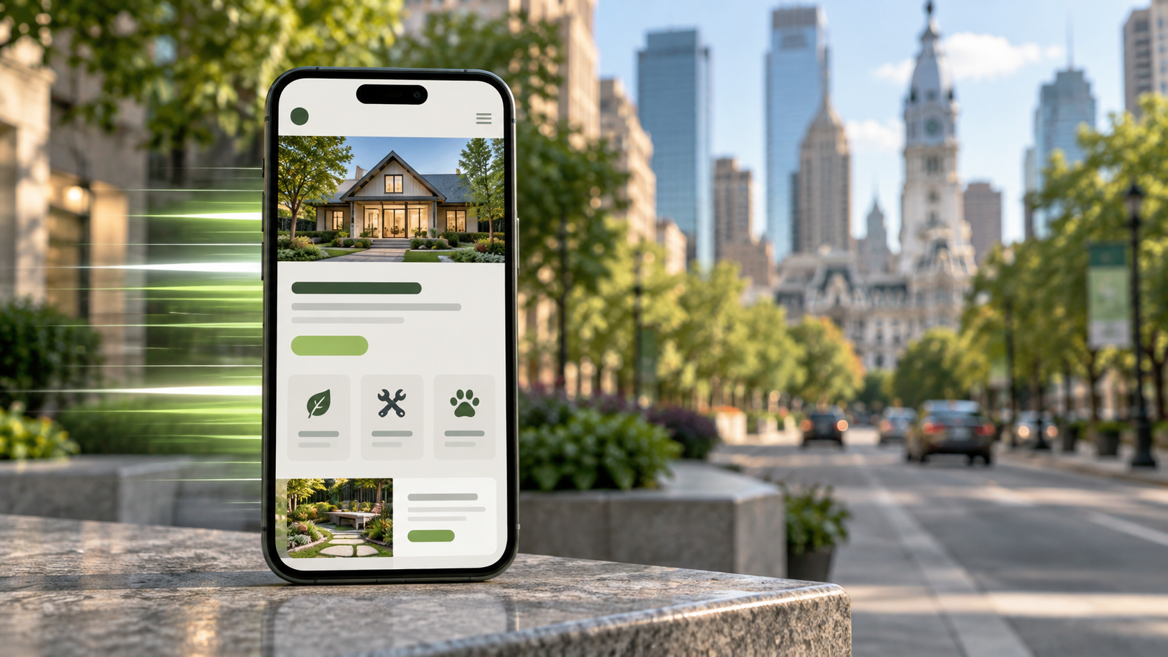 A mobile phone displaying a lightning-fast Philadelphia-based business website.