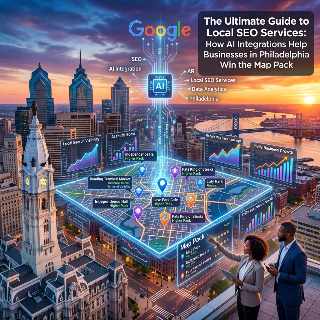 AI-powered local SEO map over Philadelphia skyline