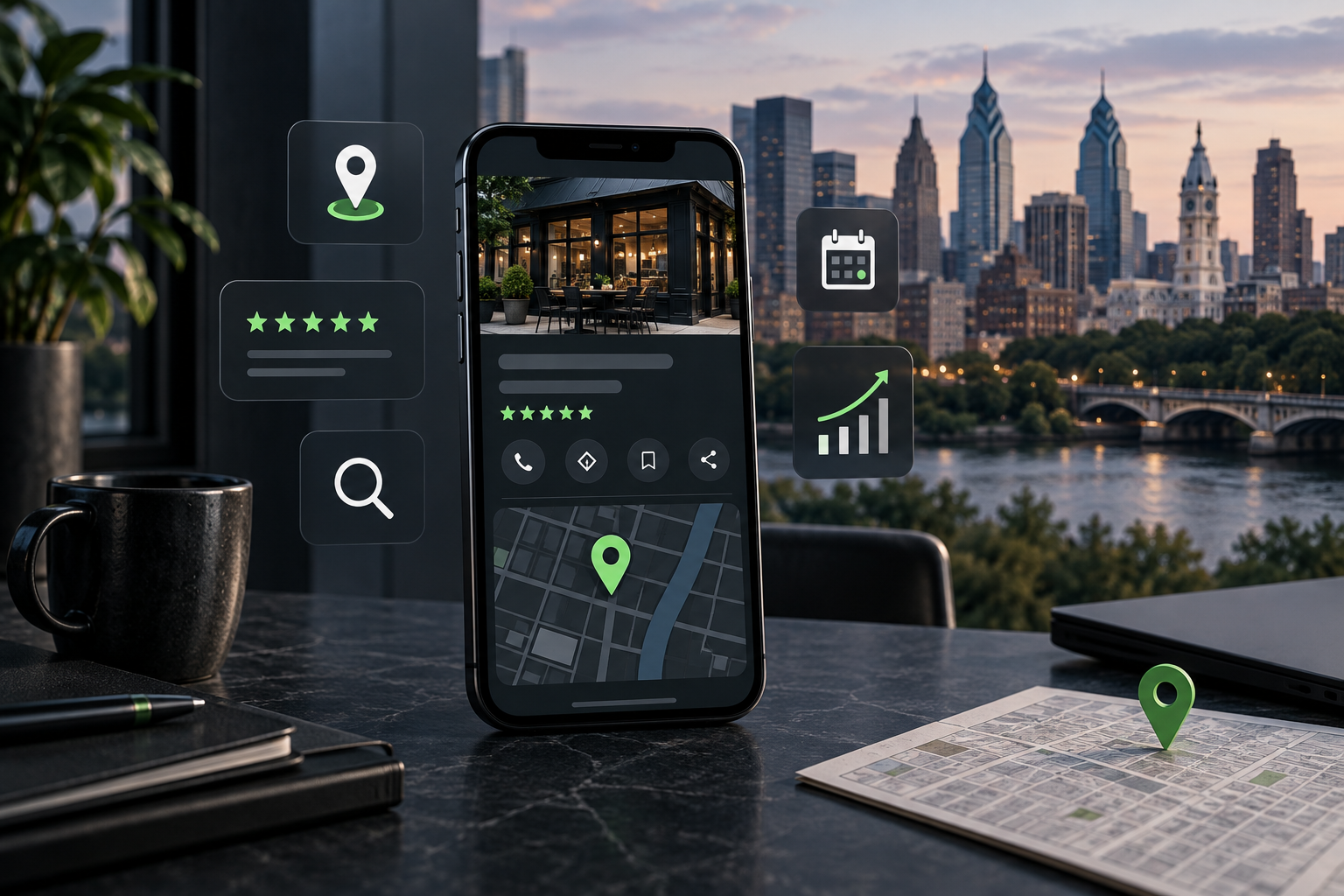 Smartphone showing a local business profile, search map, reviews, booking, and analytics against the Philadelphia skyline