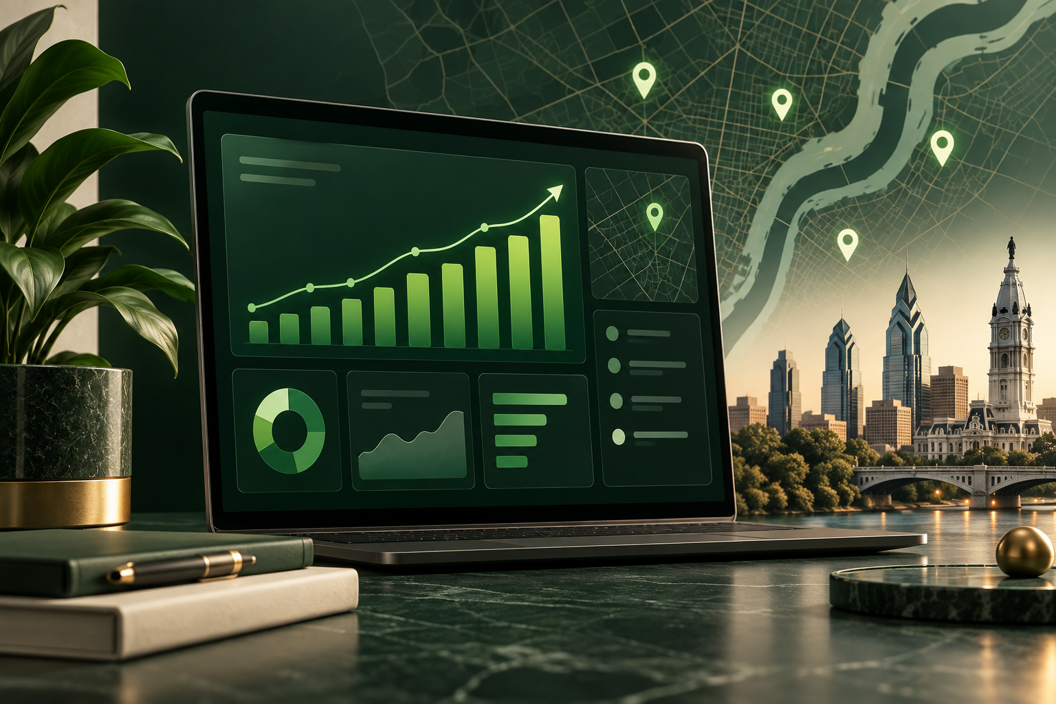 Analytics dashboard with rising local-search growth bars, a Philadelphia map, and location markers.