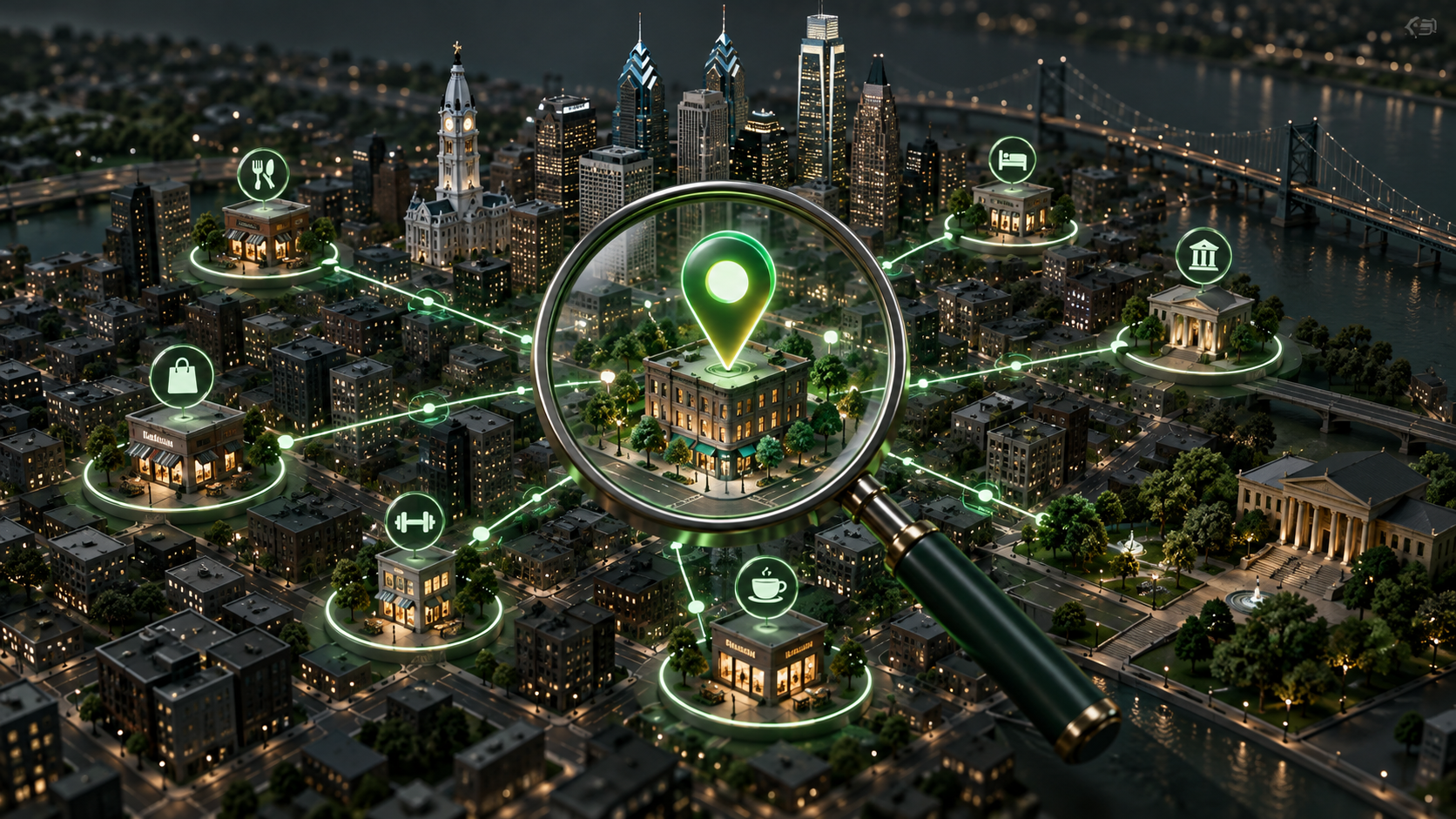 Philadelphia local SEO strategy visual with connected neighborhood businesses and a central search discovery signal
