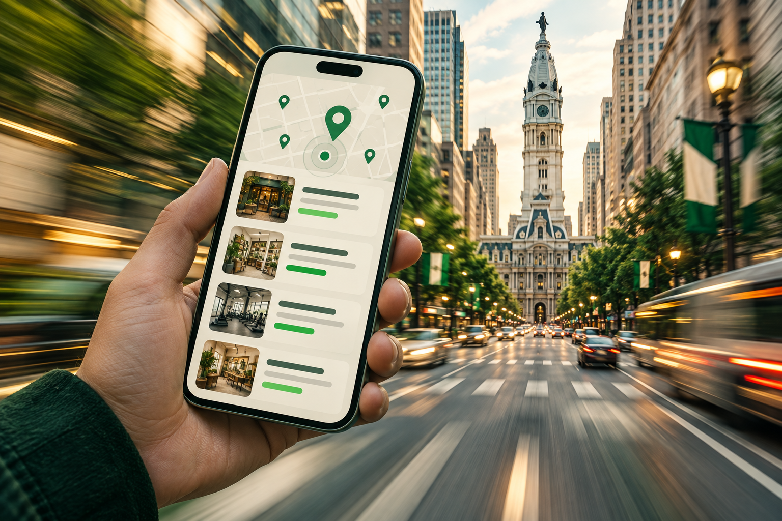 A sleek, high-speed mobile website interface showing a Philadelphia business, with a blur of the city in the background to represent rapid performance and local relevance.