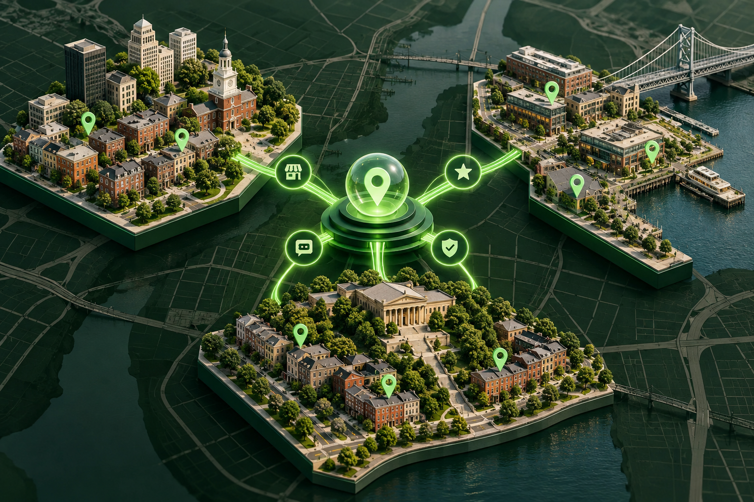 A conceptual diagram showing a central AI hub at BENT Enterprise distributing localized business data to various Philadelphia neighborhoods like South Philly, Northern Liberties, and West Philly.