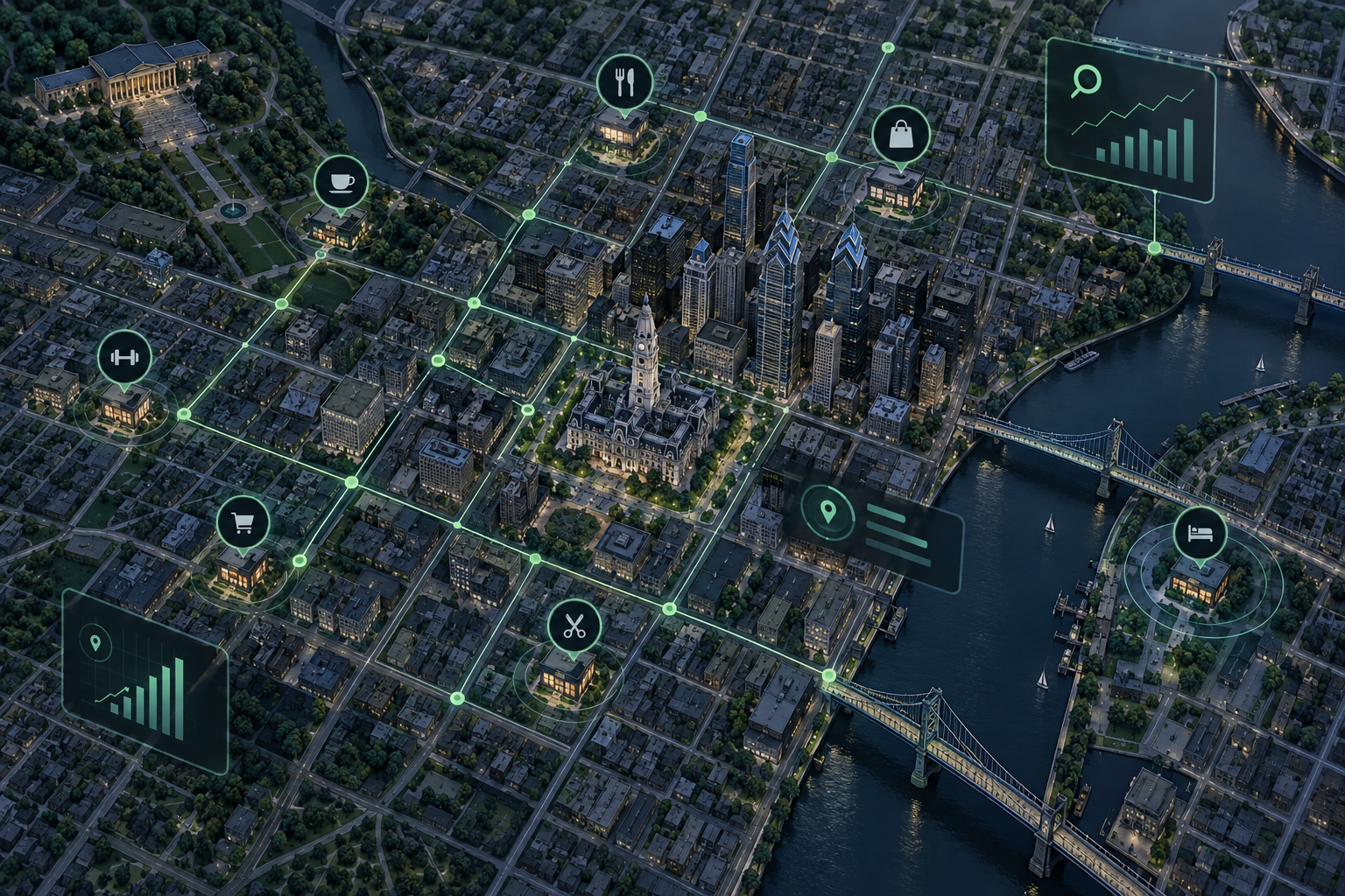Aerial Philadelphia neighborhood map with connected local-business discovery signals, search analytics, and location markers