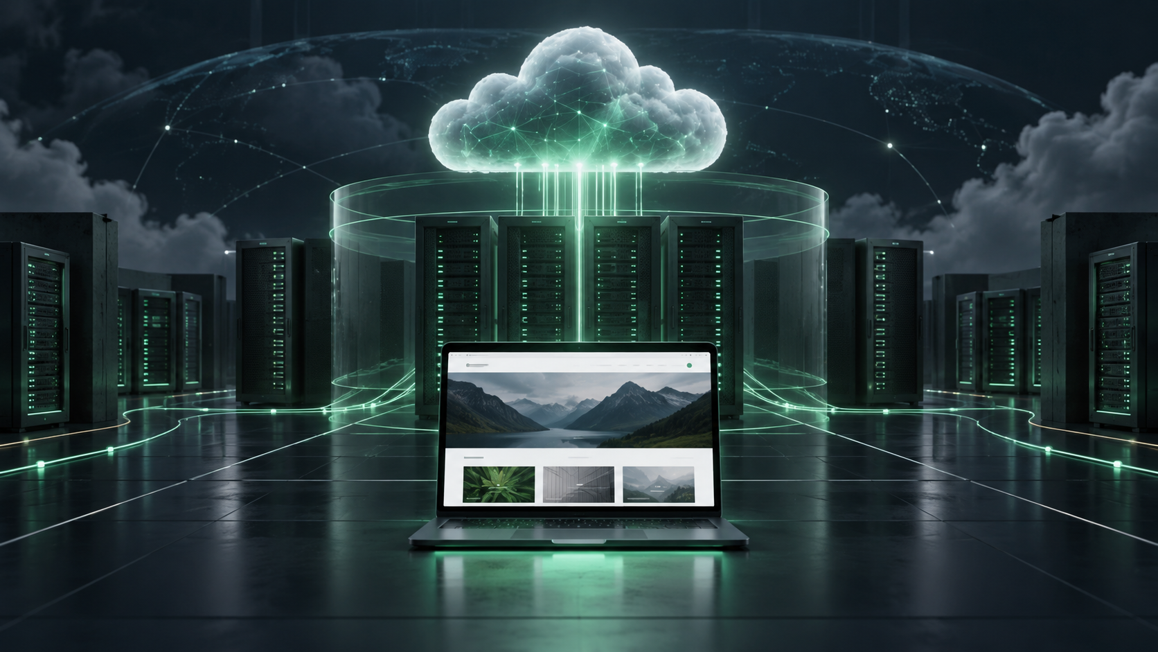 A digital illustration of a secure, glowing cloud server architecture representing a stable foundation for a business website.