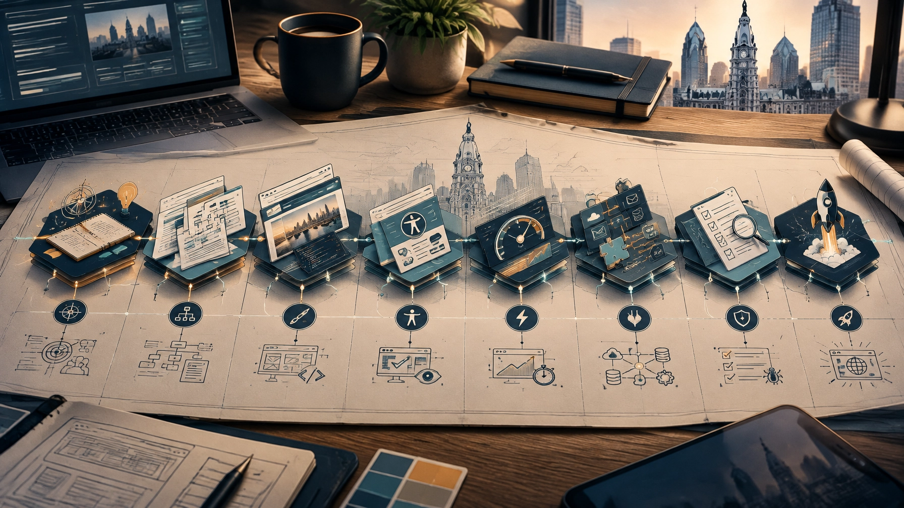 Website design cost drivers visualized as layers of strategy, content, accessibility, performance, and development