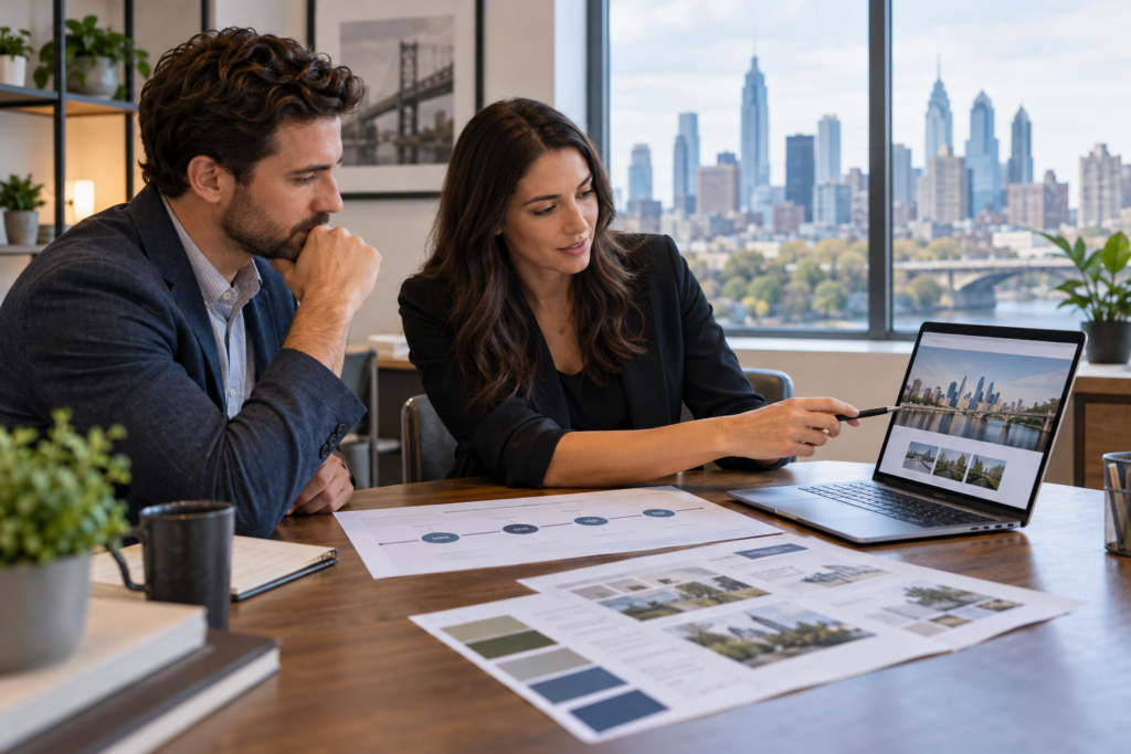 Client and strategist reviewing a practical digital marketing roadmap in Philadelphia