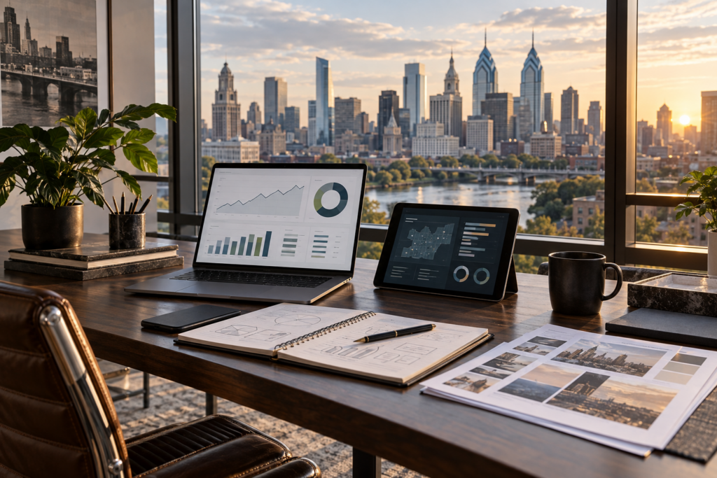 Digital marketing strategy workspace with campaign dashboards overlooking Philadelphia