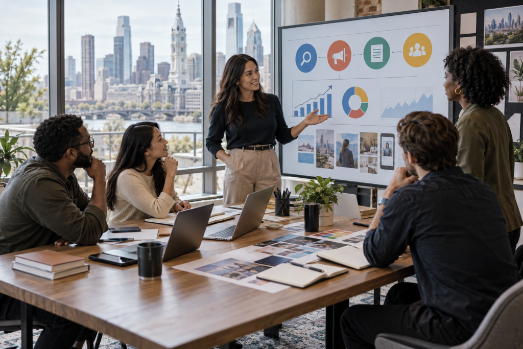 Digital marketing strategy team planning SEO, content, paid media, and lead generation