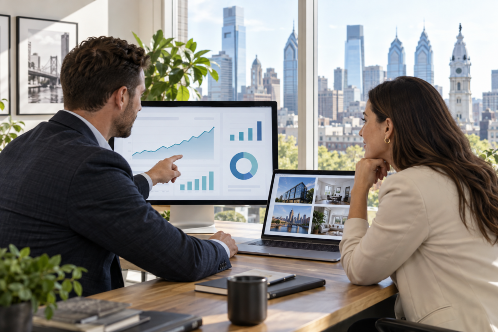 Consultant and business owner reviewing digital marketing performance and website results