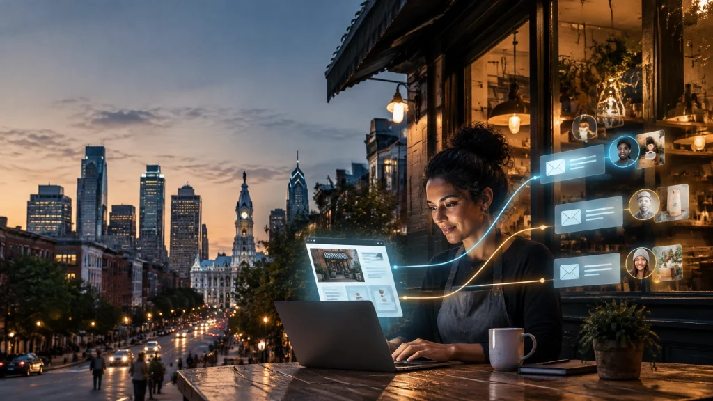 Entrepreneur uses laptop with customer messaging overlays at dusk