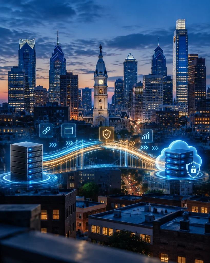 Philadelphia skyline with cloud computing and cybersecurity graphics